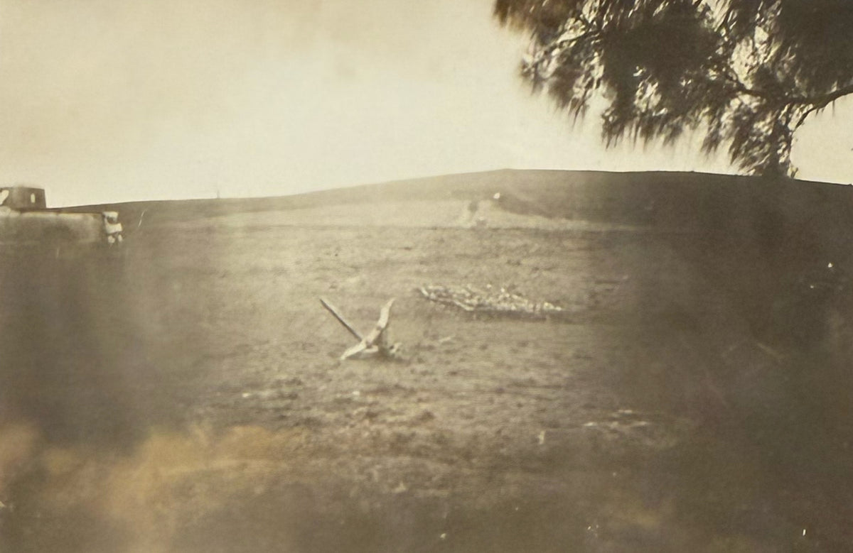 Sepia-toned vintage photograph of an open landscape with a tree branch or tree silhouette in the upper right, a small vehicle or structure on the left, and a central object lying on the ground.
