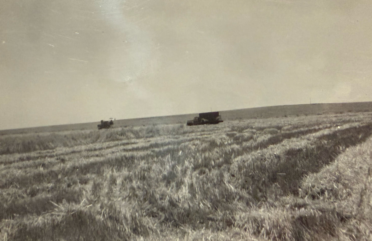 A vintage black and white photograph of a harvested field with two farm vehicles in the distance under a pale sky.